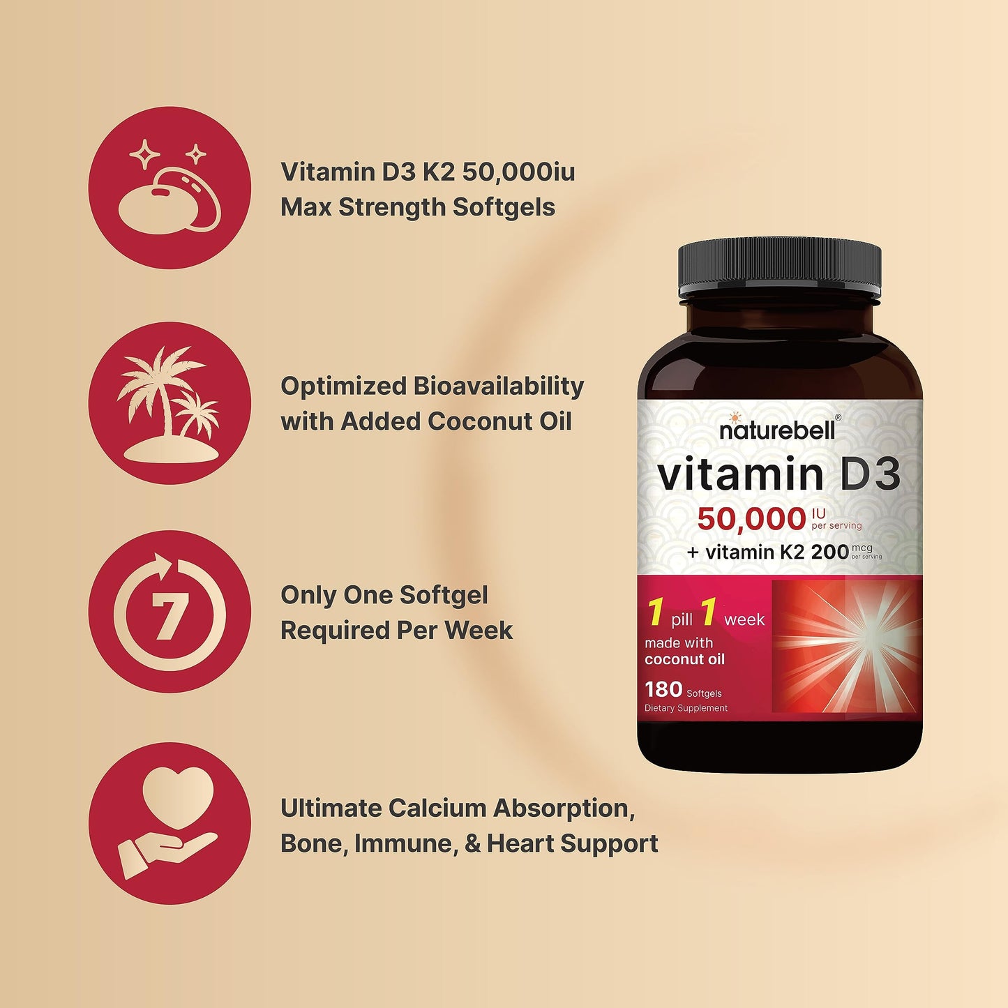 Softgels NatureBell vitamina D3 y K2 50,000 UI