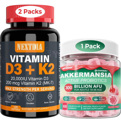 Softgels Nextdia Vitamina D3 20,000 IU con K2 MK7 para salud ósea
