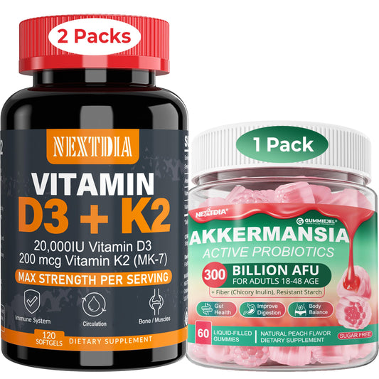 Softgels Nextdia Vitamina D3 20,000 IU con K2 MK7 para salud ósea