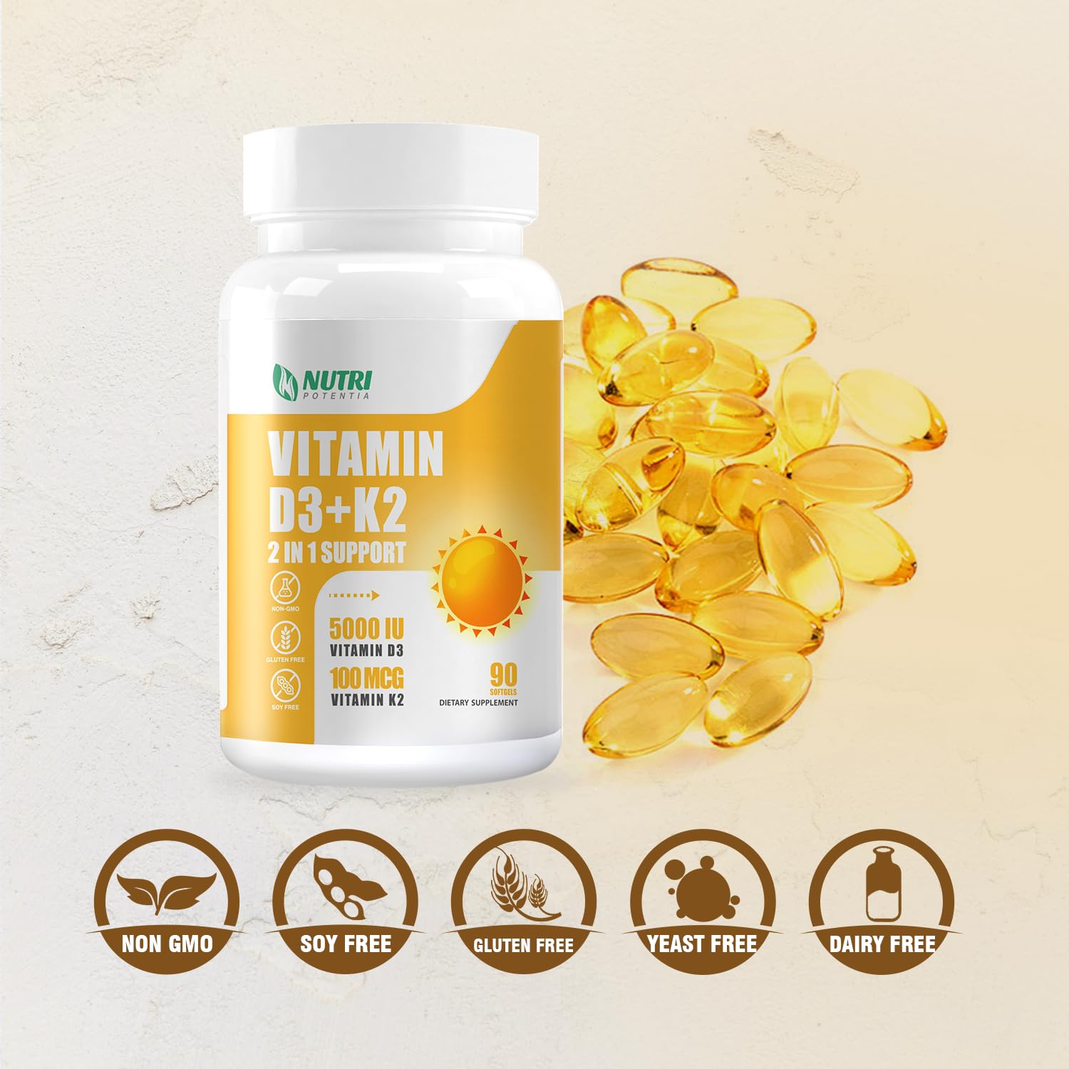 Softgels con vitamina D3 5000 IU y K2 MK7 NUTRI POTENTIA