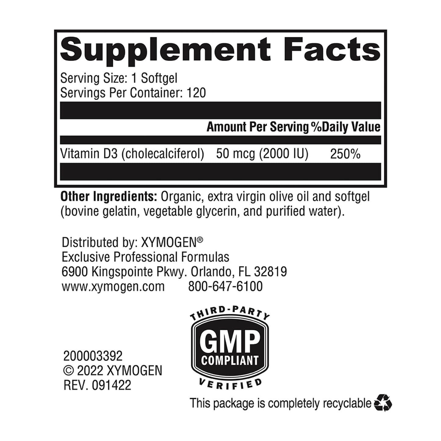 Softgels vitamina D3 alta potencia XYMOGEN 2000 IU