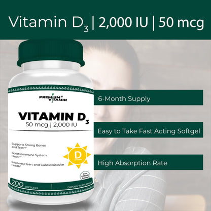 Softgels de vitamina D3 Premium Vitamin 200 unidades