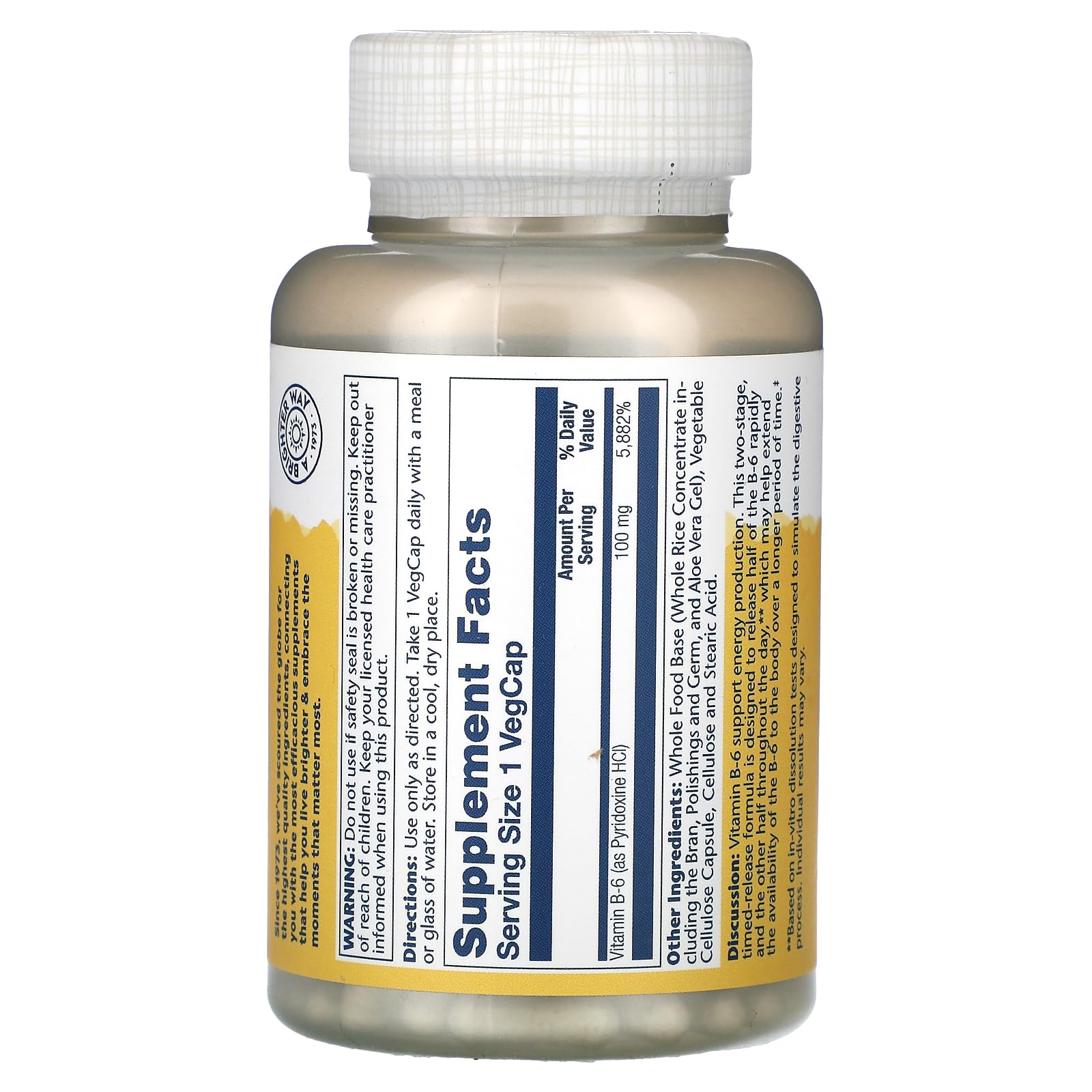 Etiqueta frontal Solaray B6 dos fases 100mg 60 cápsulas