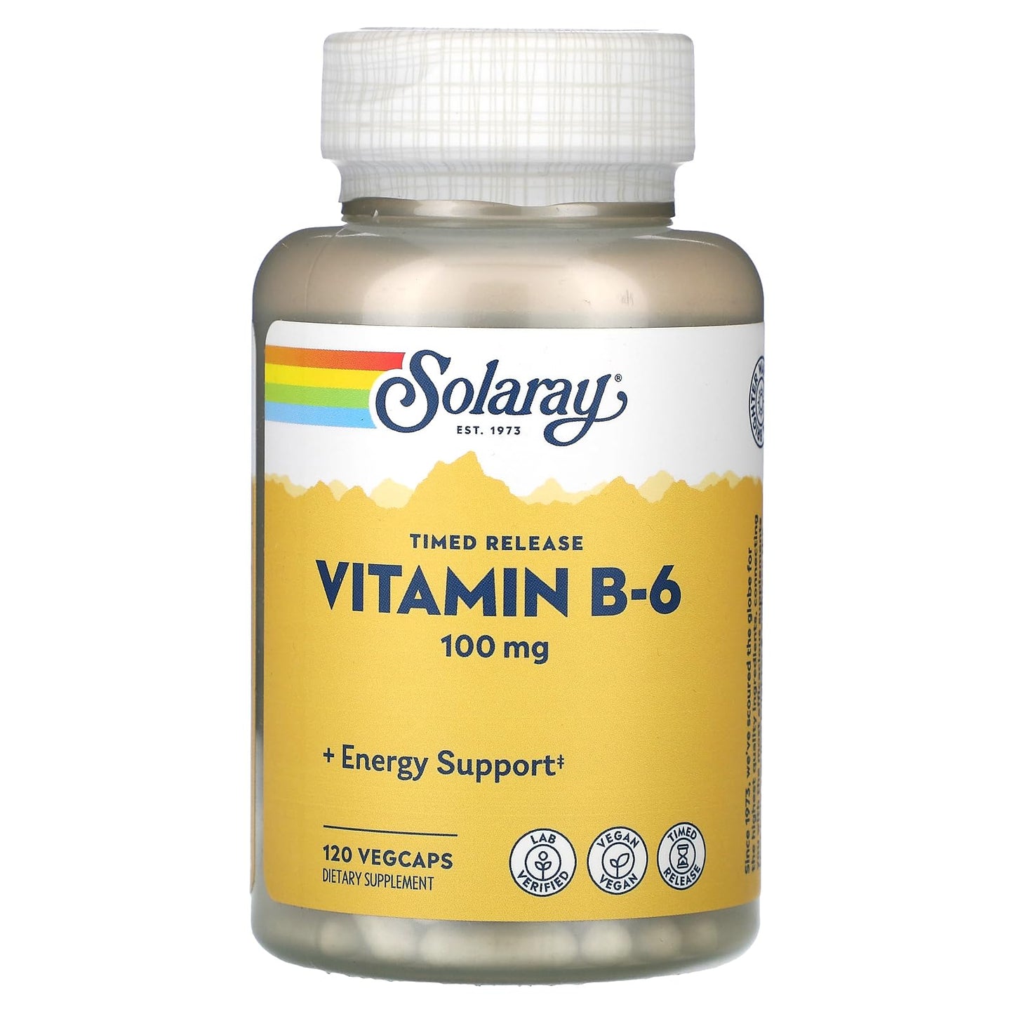 Botella de Solaray B6 liberación temporal 100mg con 60 cápsulas