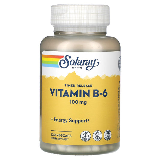 Botella de Solaray B6 liberación temporal 100mg con 60 cápsulas