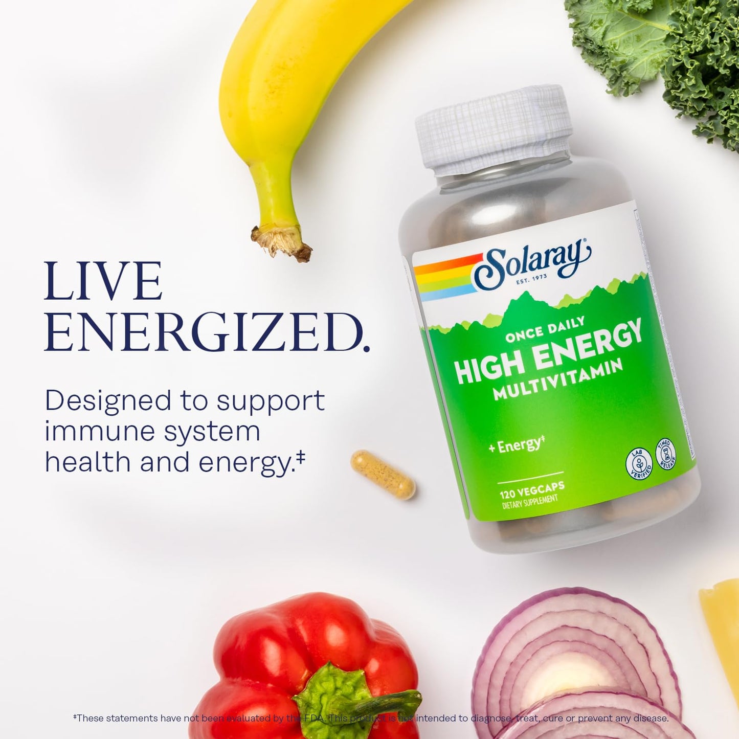 Imagen de Solaray Multivitamínico con frutas y verduras alrededor