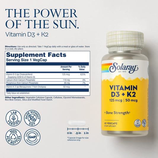 Cápsulas vegetales SOLARAY vitaminas D3 K2 para soporte inmunológico y cardiovascular