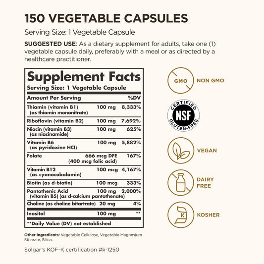 Etiqueta Solgar B-Complex 100 suplemento vitamínico vegetal