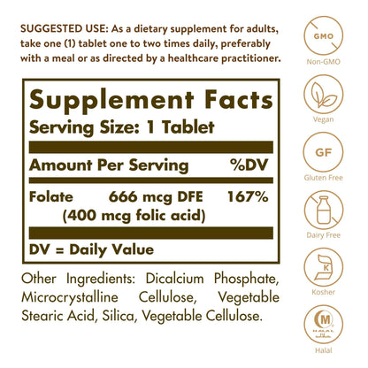 Etiqueta ingredientes SOLGAR Folato 250 Tabletas