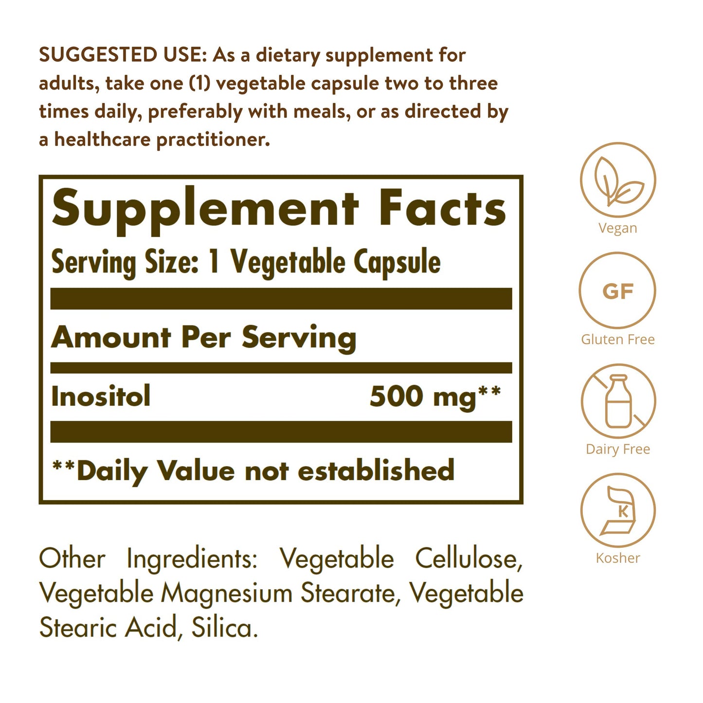 información nutricional Solgar Inositol 500 mg