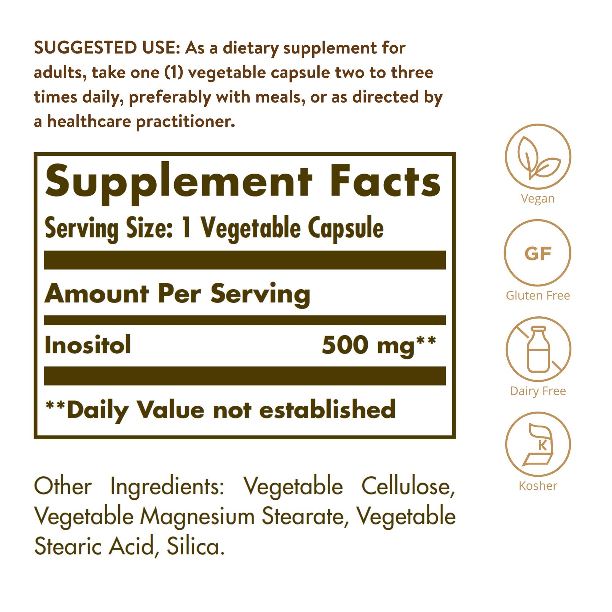 información nutricional Solgar Inositol 500 mg