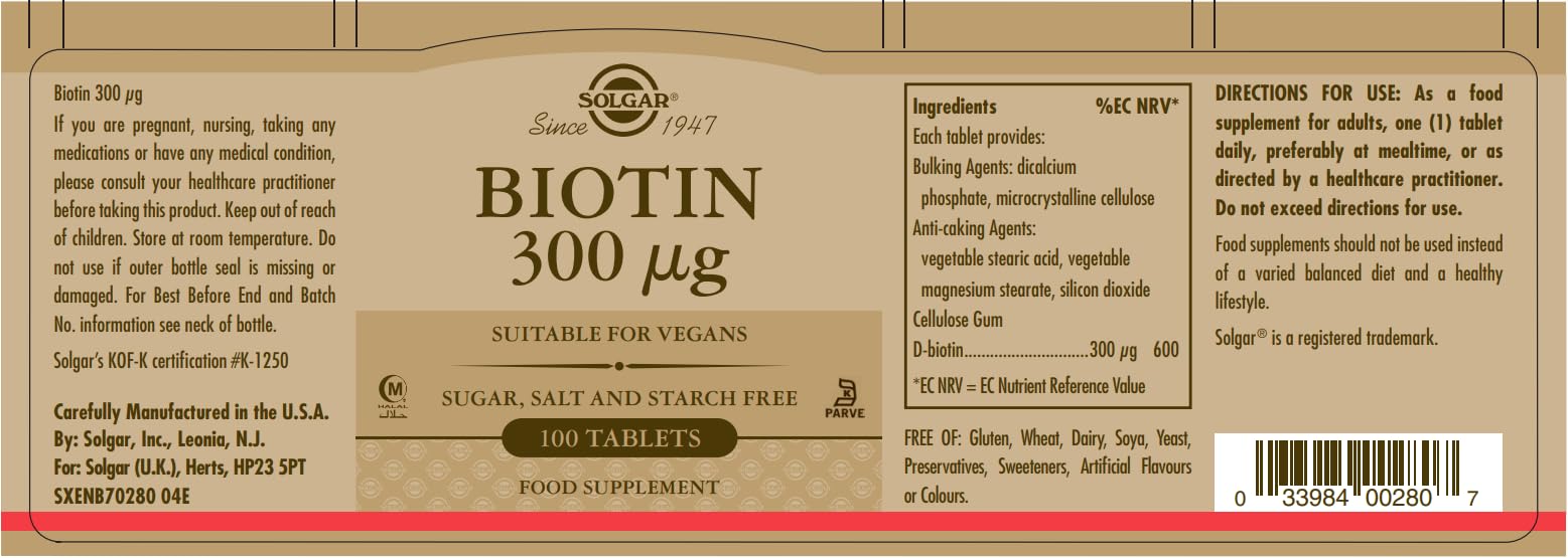 Solgar suplemento biotina 300 mcg lado botella