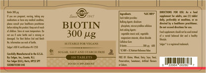 Solgar suplemento biotina 300 mcg lado botella