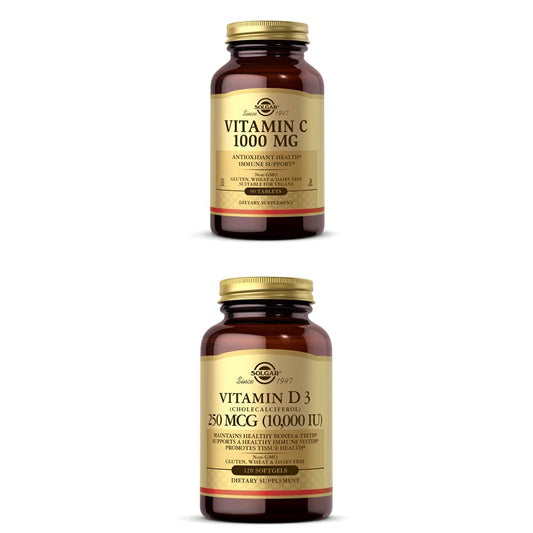 Solgar Vitamina C 1000mg y Vitamina D3 10,000 UI botella frontal