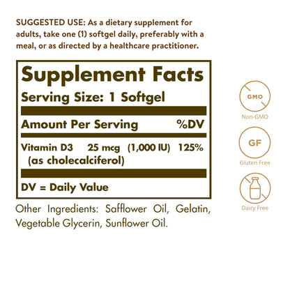 Solgar Vitamina D3 1000 UI cápsulas blandas detalles envase
