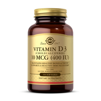 Botella SOLGAR Vitamina D3 10 mcg 100 cápsulas blandas