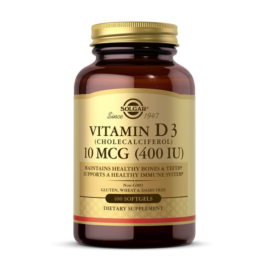Botella SOLGAR Vitamina D3 10 mcg 100 cápsulas blandas