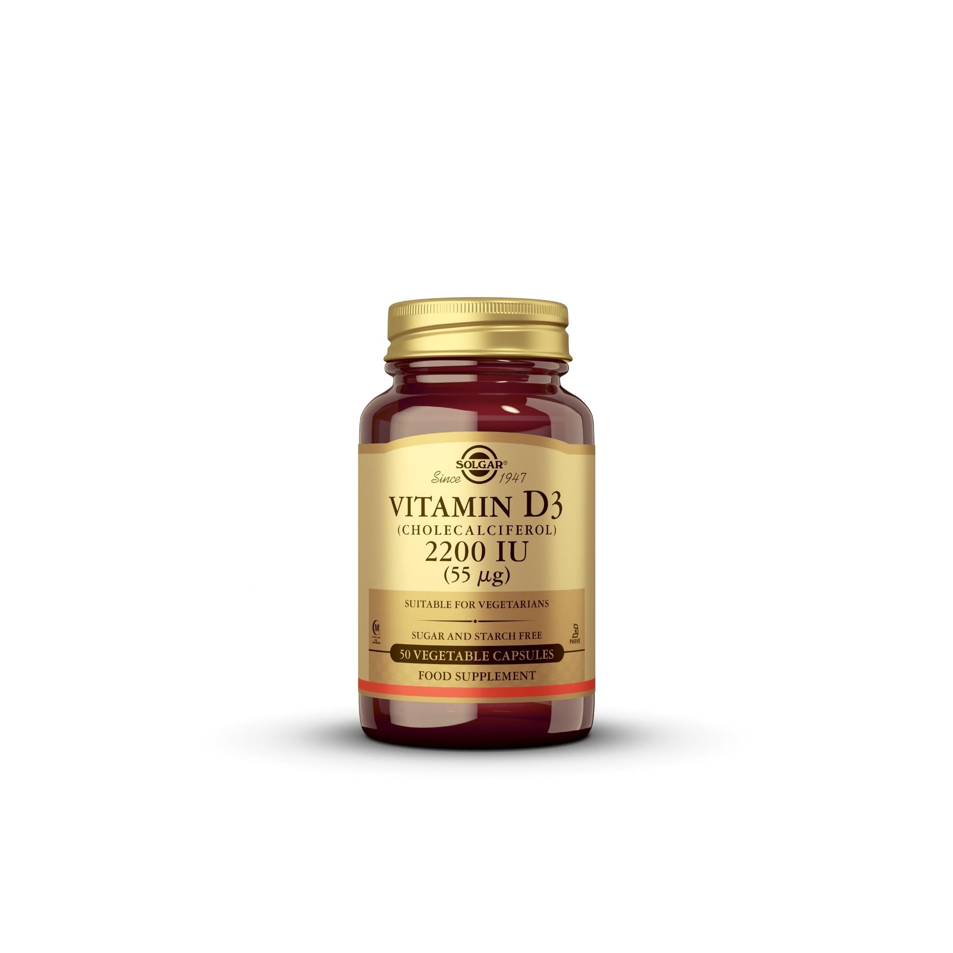 Botella de SOLGAR Vitamina D3 2200 IU en cápsulas vegetales