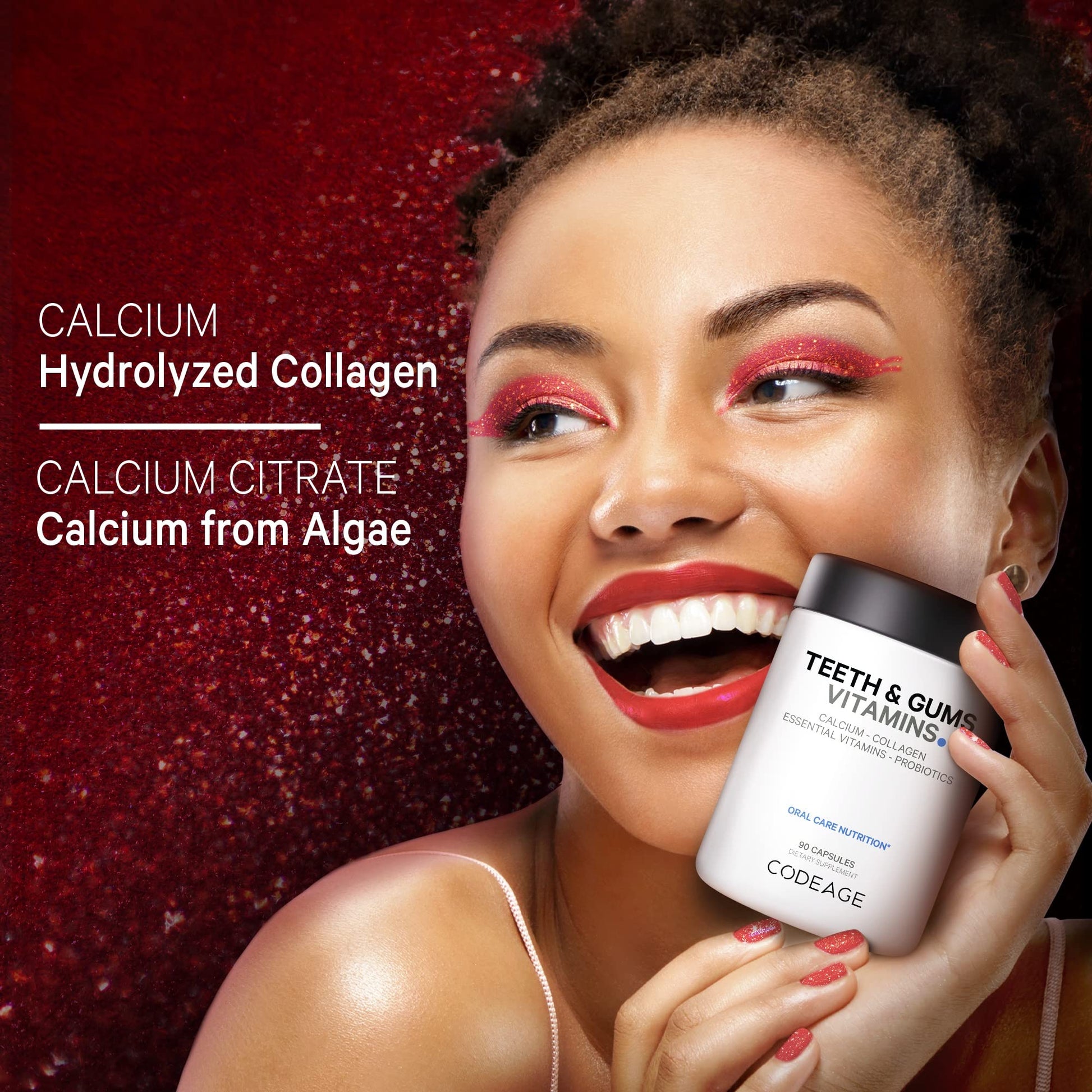 Persona mostrando su sonrisa saludable gracias a las vitaminas y probióticos Codeage para dientes.