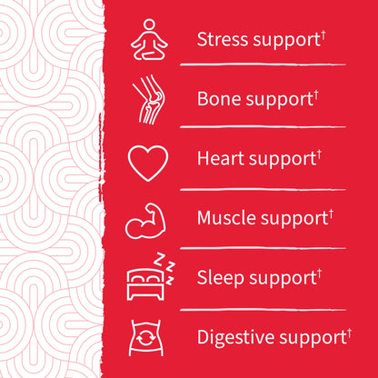 soporte para estrés, huesos, corazón, músculo, sueño y digestión en producto Garden of Life