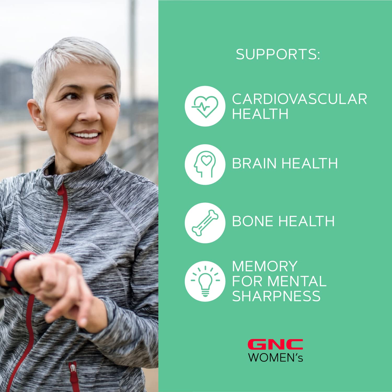 Soporte de salud del corazón y memoria con GNC Women's Ultra Mega.