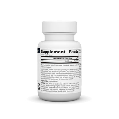 Etiqueta trasera del suplemento de biotina 5000mcg Source Naturals.
