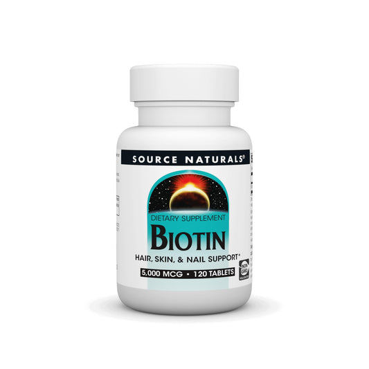 Botella de suplemento de biotina 5000mcg Source Naturals de 120 tabletas.