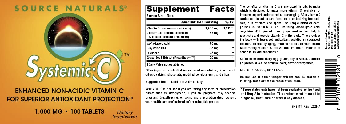 Lado del empaque Source Naturals Systemic C 1000 mg
