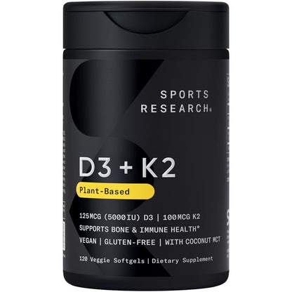 Frasco Sports Research vitamina D3 y K2 cápsulas blandas veganas