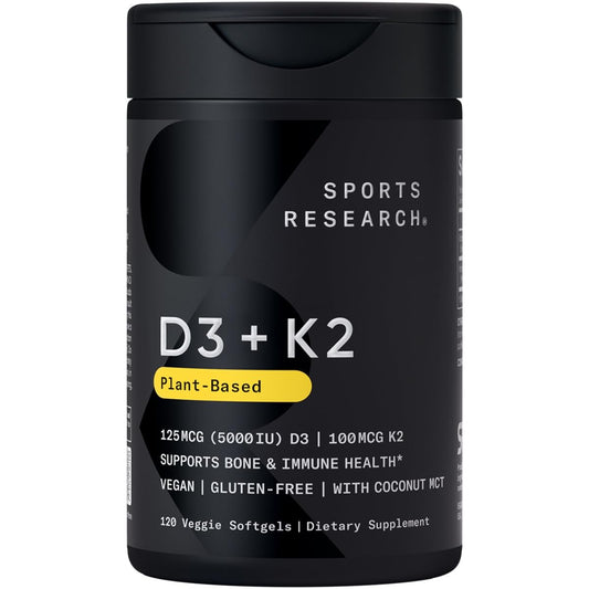 Frasco Sports Research vitamina D3 y K2 cápsulas blandas veganas