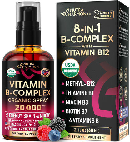 Spray complejo vitamina B orgánico Nutraharmony botella frontal