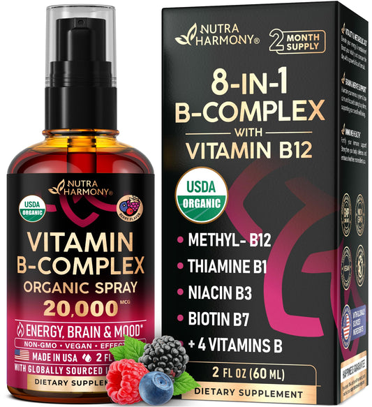 Spray complejo vitamina B orgánico Nutraharmony botella frontal