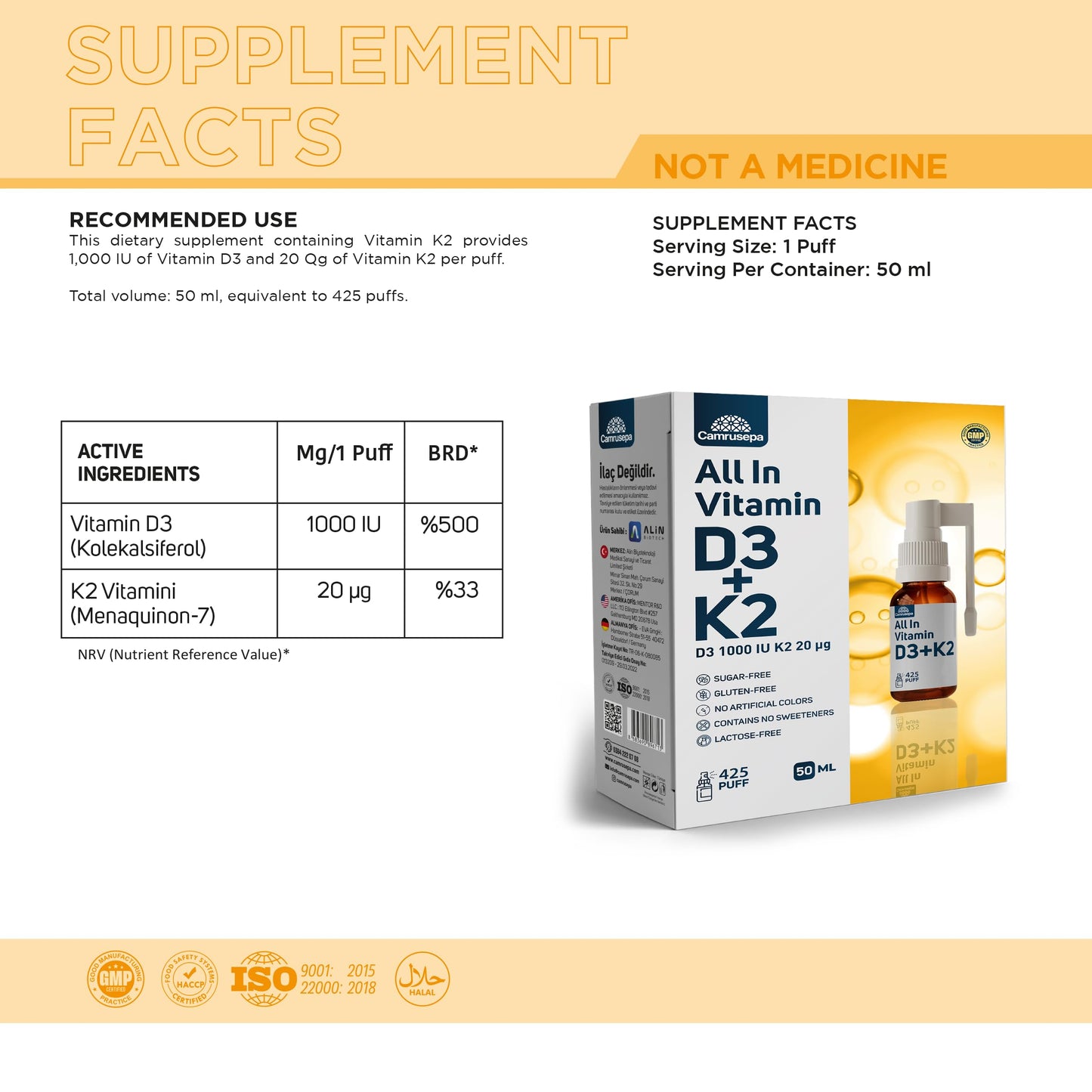 Spray suplemento de vitamina D3 y K2 para soporte óseo e inmunológico