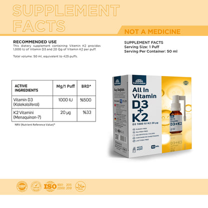 Spray suplemento de vitamina D3 y K2 para soporte óseo e inmunológico