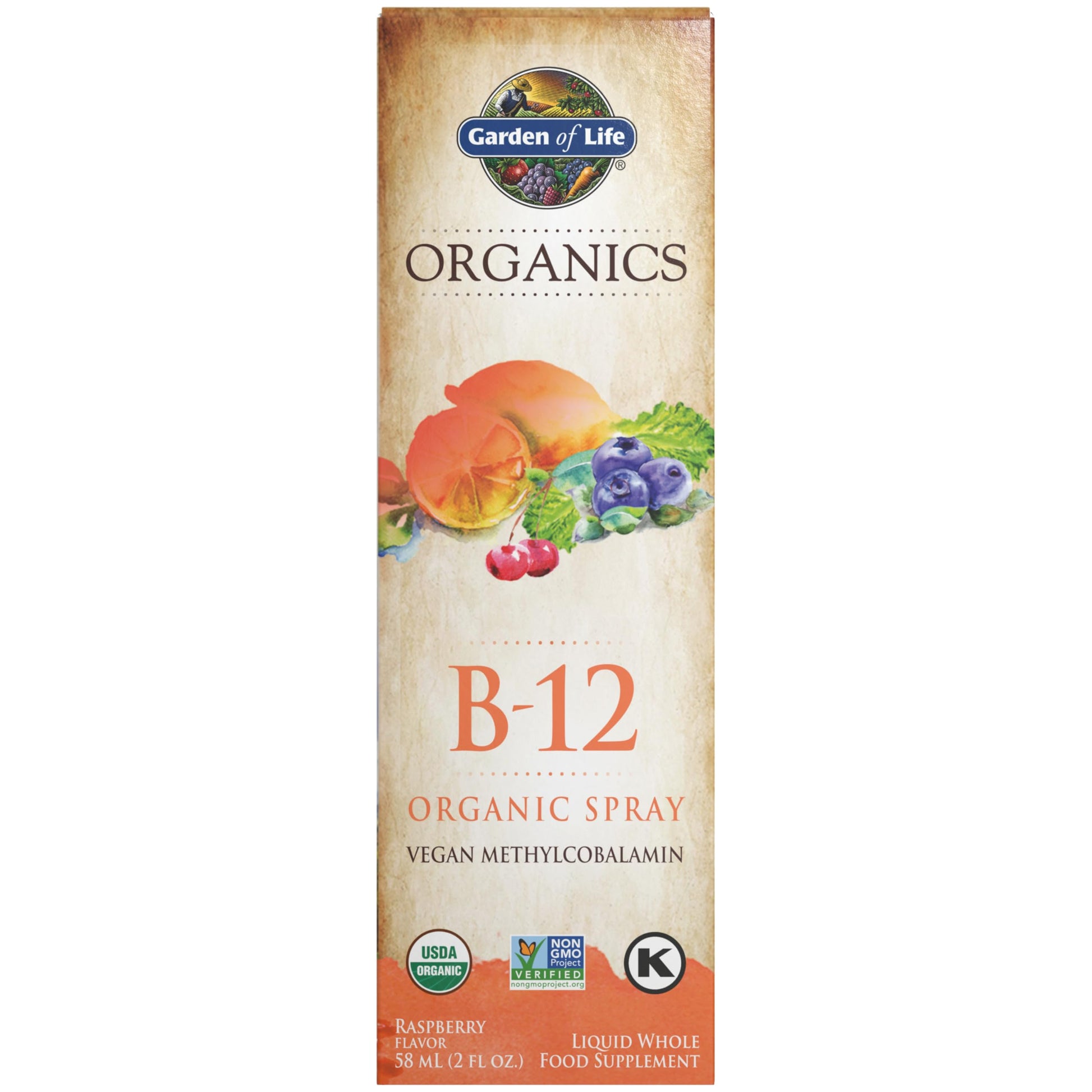 Spray líquido de vitamina B12 Garden of Life sabor frambuesa