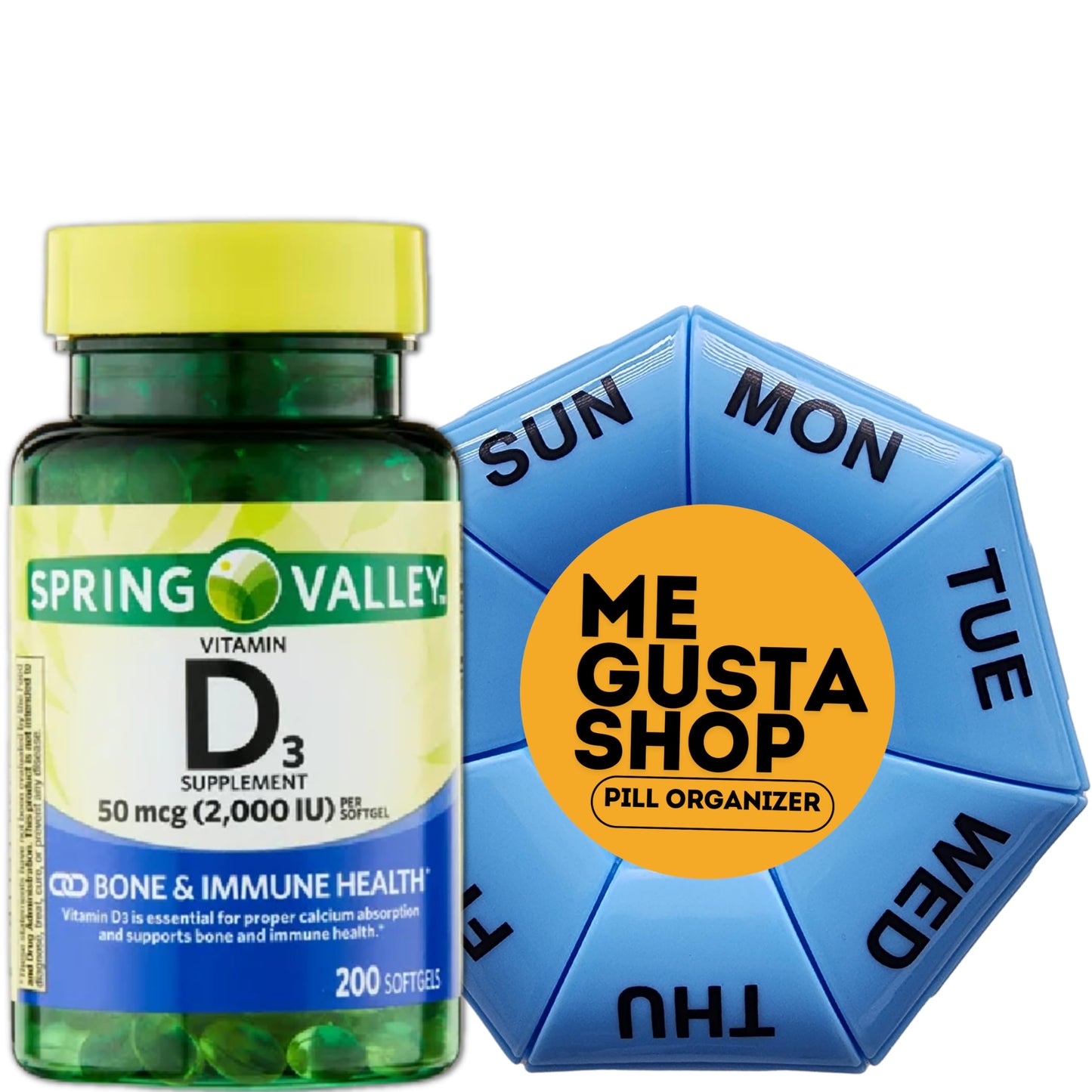 Frasco Spring Valley Vitamina D3 200 cápsulas con organizador