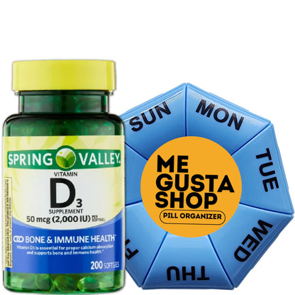 Frasco Spring Valley Vitamina D3 200 cápsulas con organizador
