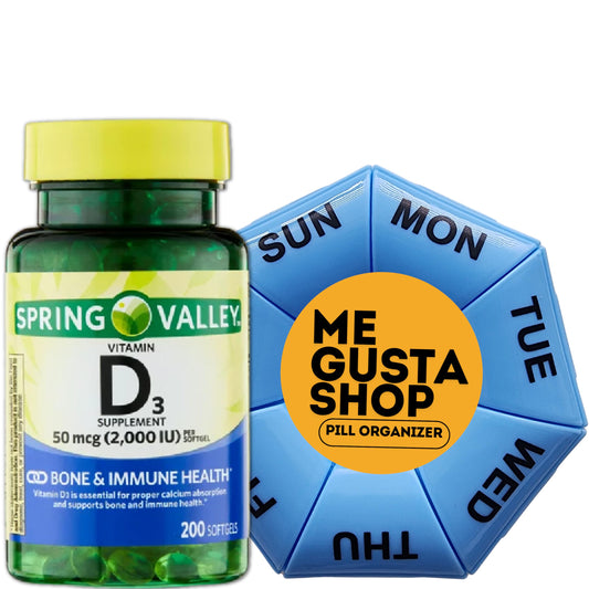 Frasco Spring Valley Vitamina D3 200 cápsulas con organizador