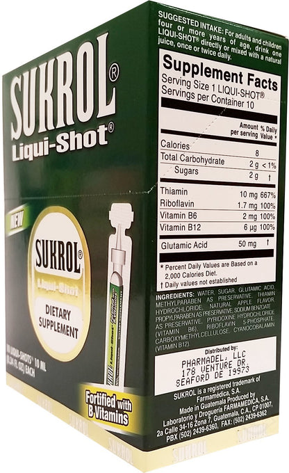 Ingrediente y valor nutricional del Sukrol Liqui-Shot