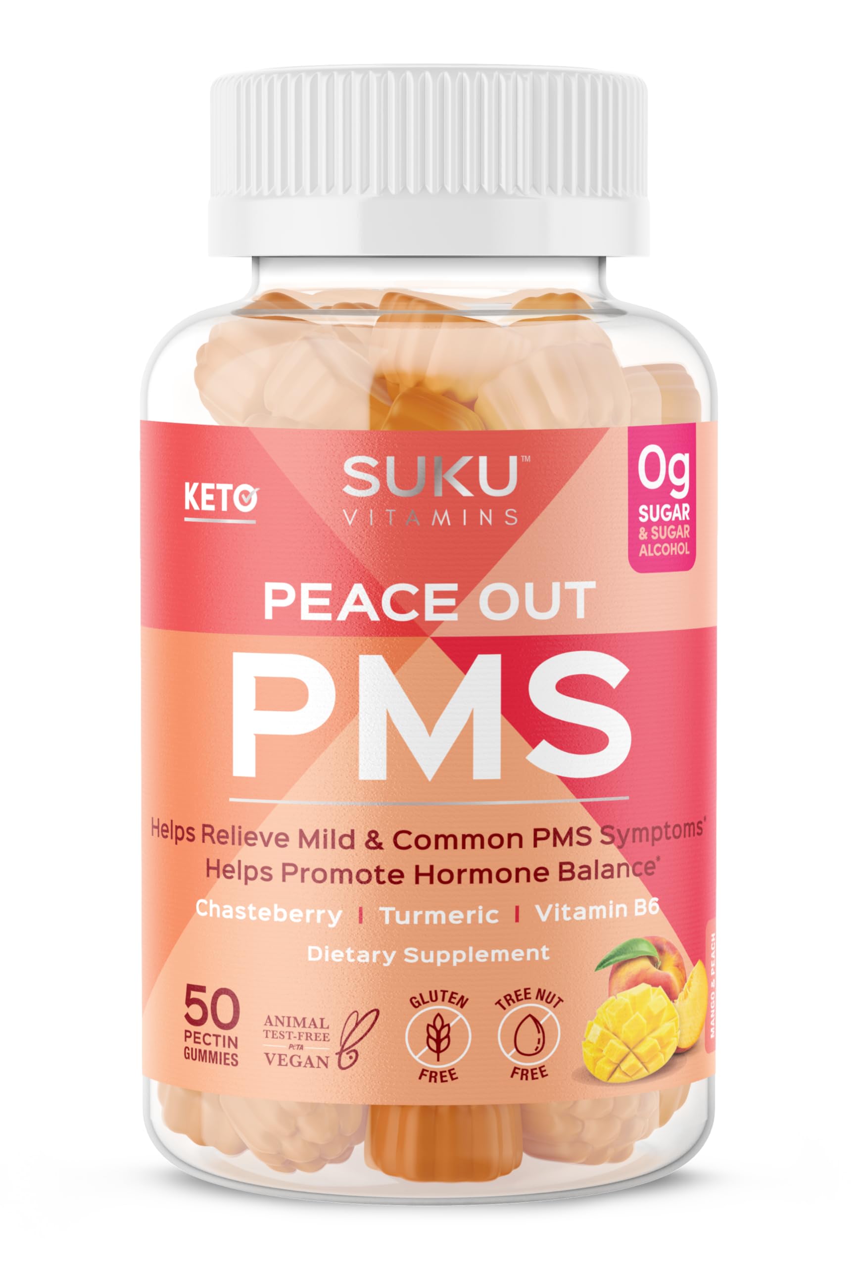 SUKU vitaminas gomosas para PMS alivio menopausia sabor durazno mango
