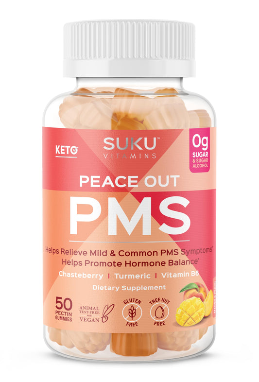 SUKU vitaminas gomosas para PMS alivio menopausia sabor durazno mango