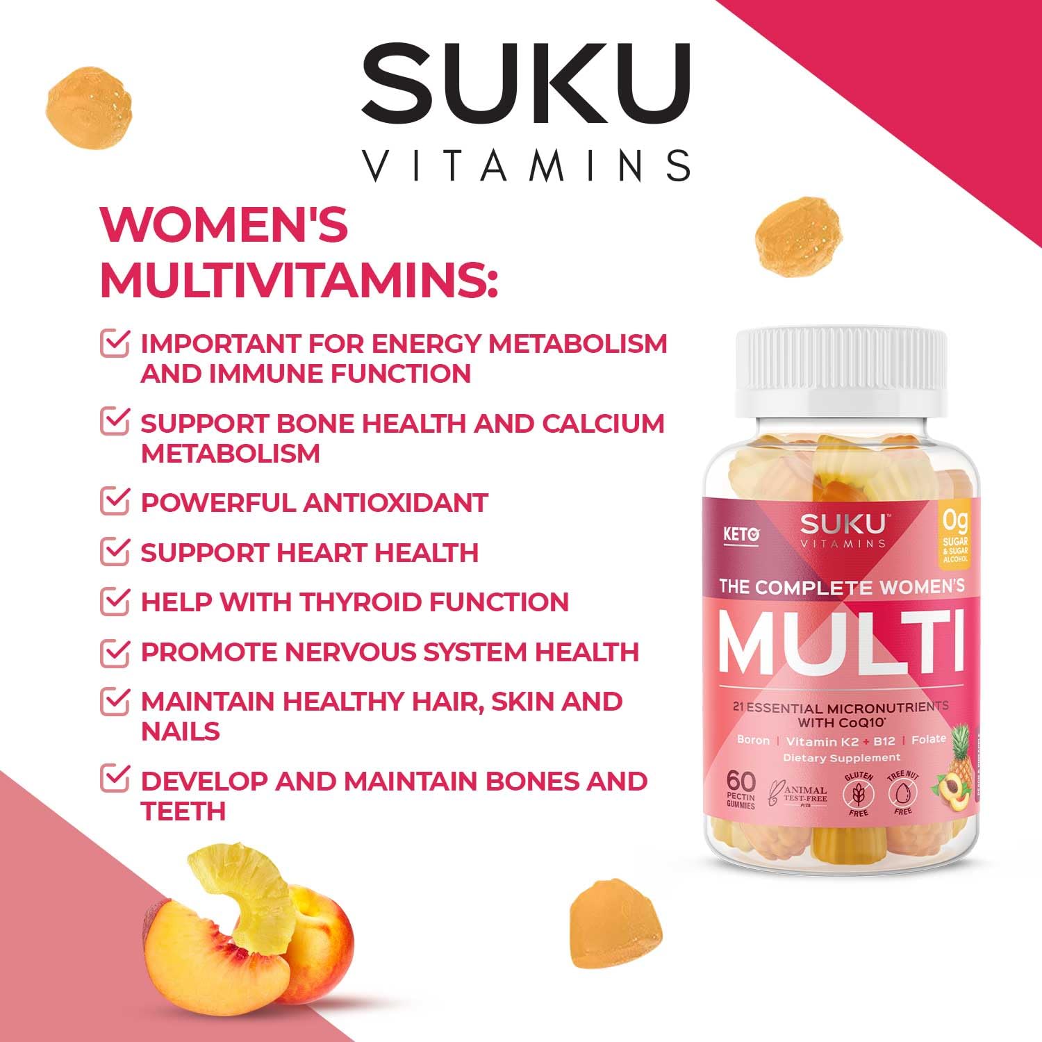 SUKU Vitamins: sin alérgenos, sin azúcar, apto para vegetarianos.