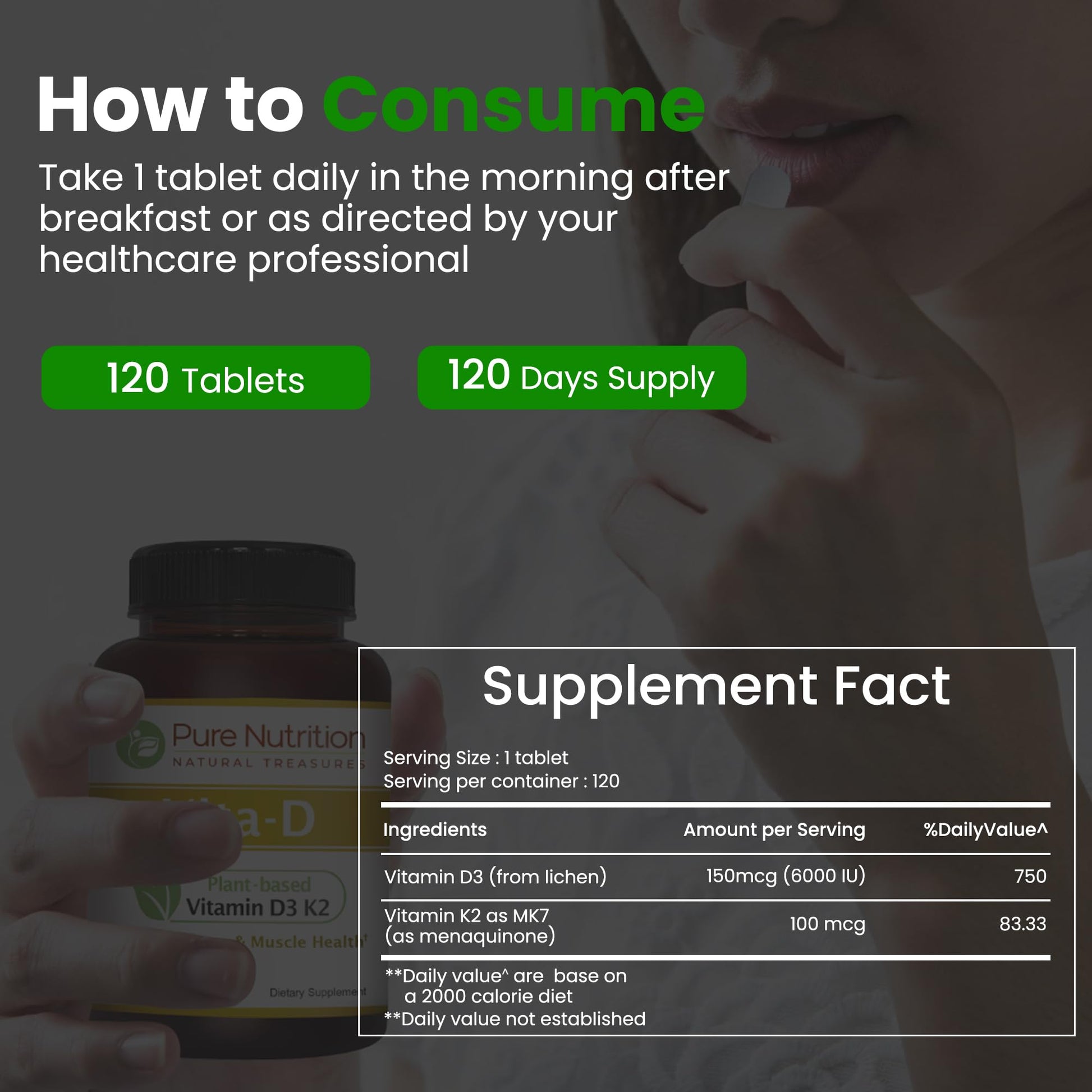 Suministro de 120 días vitamina D3 K2 Pure Nutrition