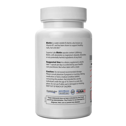 Frasco Superior Labs biotina 5000 mcg cápsulas vegetales