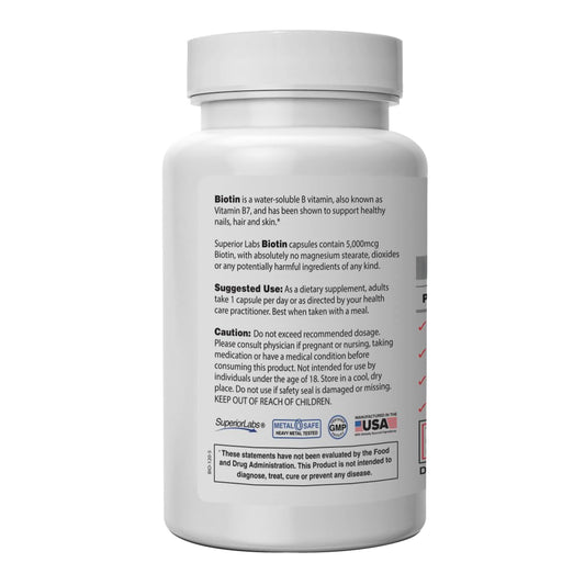 Frasco Superior Labs biotina 5000 mcg cápsulas vegetales