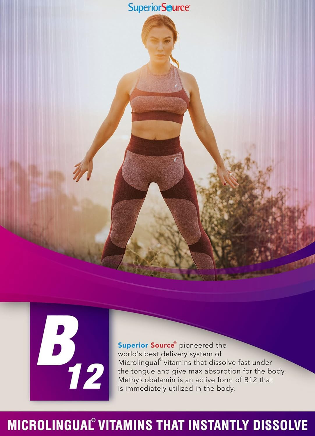 Paquete y blister de tabletas vitamin b12 micro lingual superior source