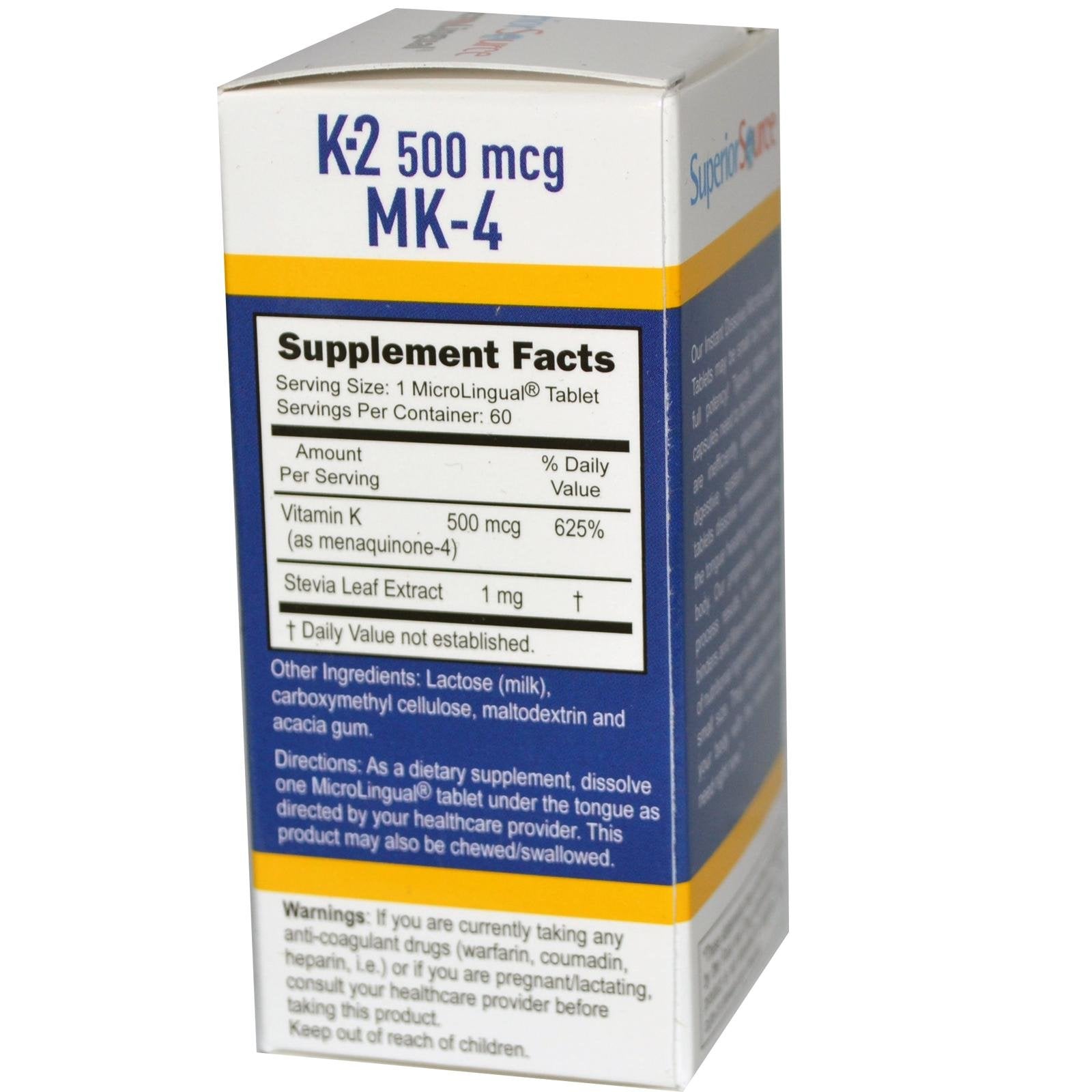 Superior Source vitamina k-2 500 mcg paquete frontal