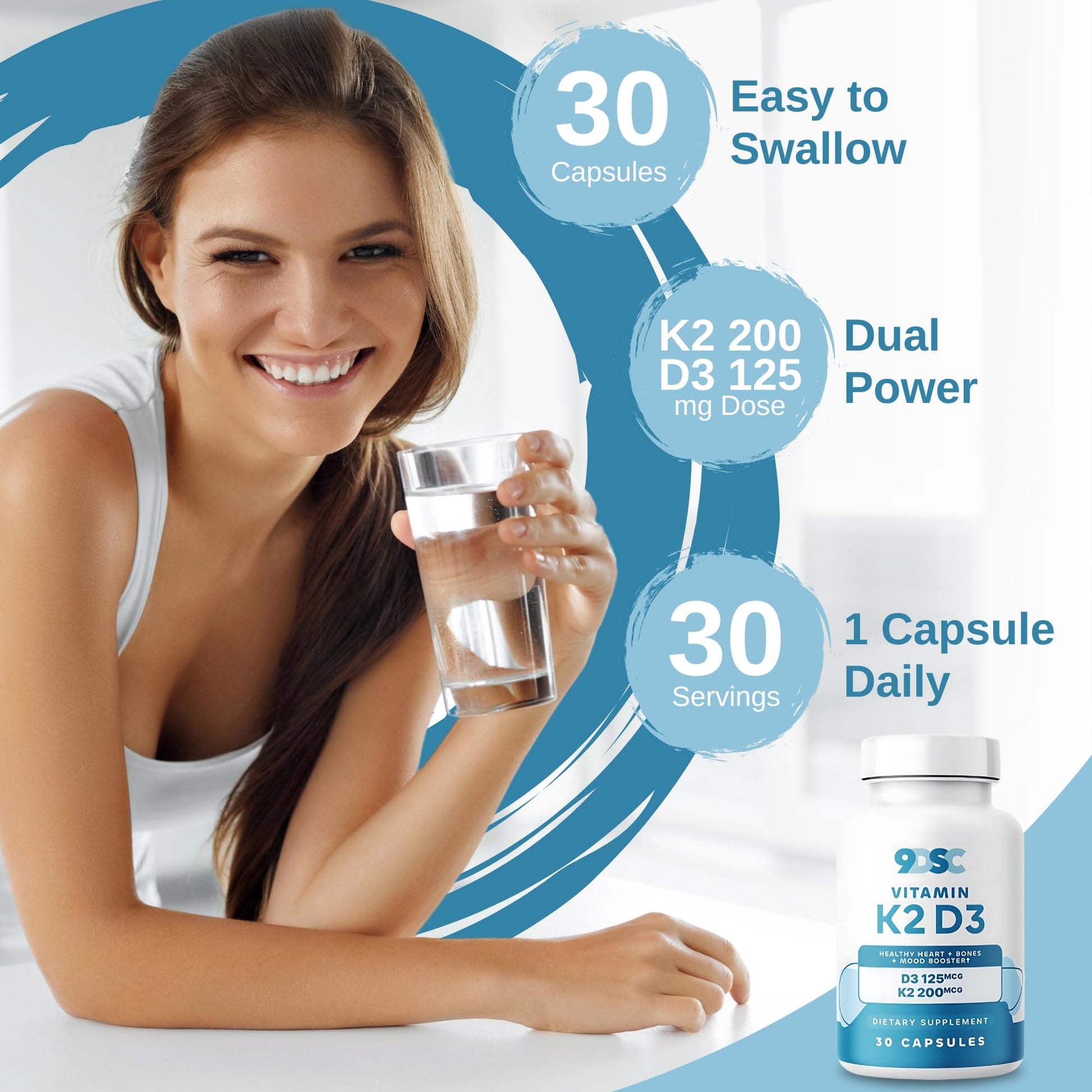 Suplemento 9DSC vitaminas D3 125 mcg y K2 200 mcg en cápsulas