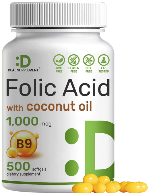 Suplemento de ácido fólico con aceite de coco 1000 mcg
