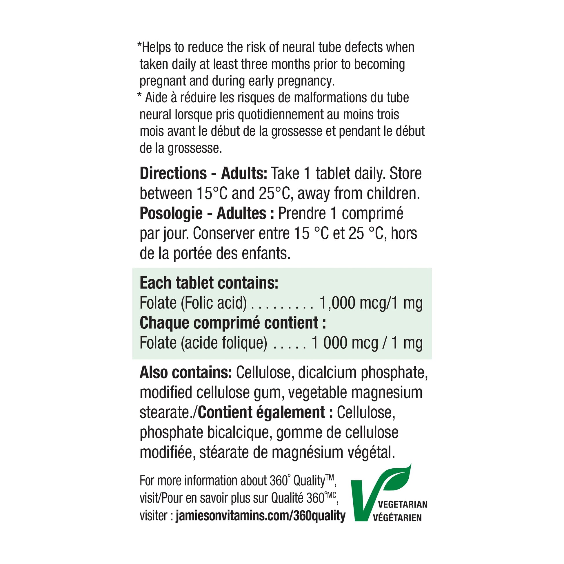 Suplemento ácido fólico Jamieson 1 mg salud prenatal